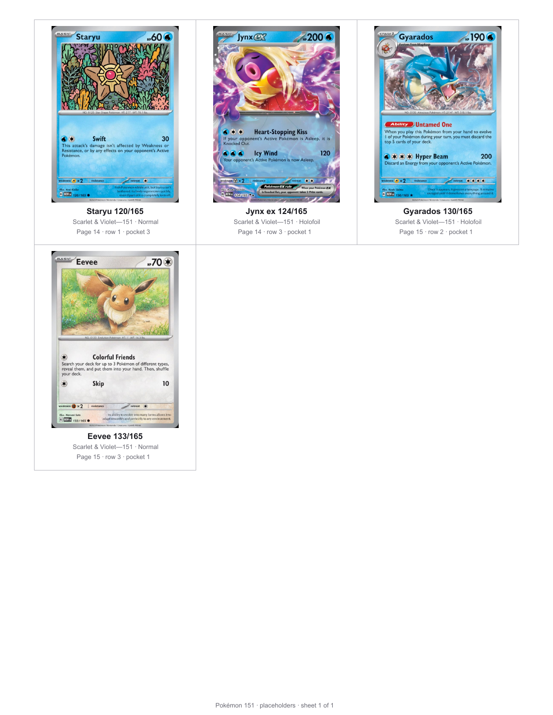 Full Letter sheet containing the four missing-card placeholders.